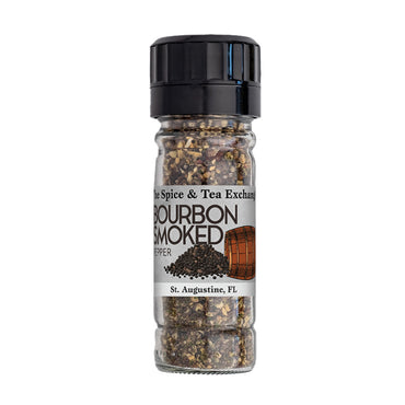 Bottle of bourbon smoked pepper from The Spice & Tea Exchange on a white background