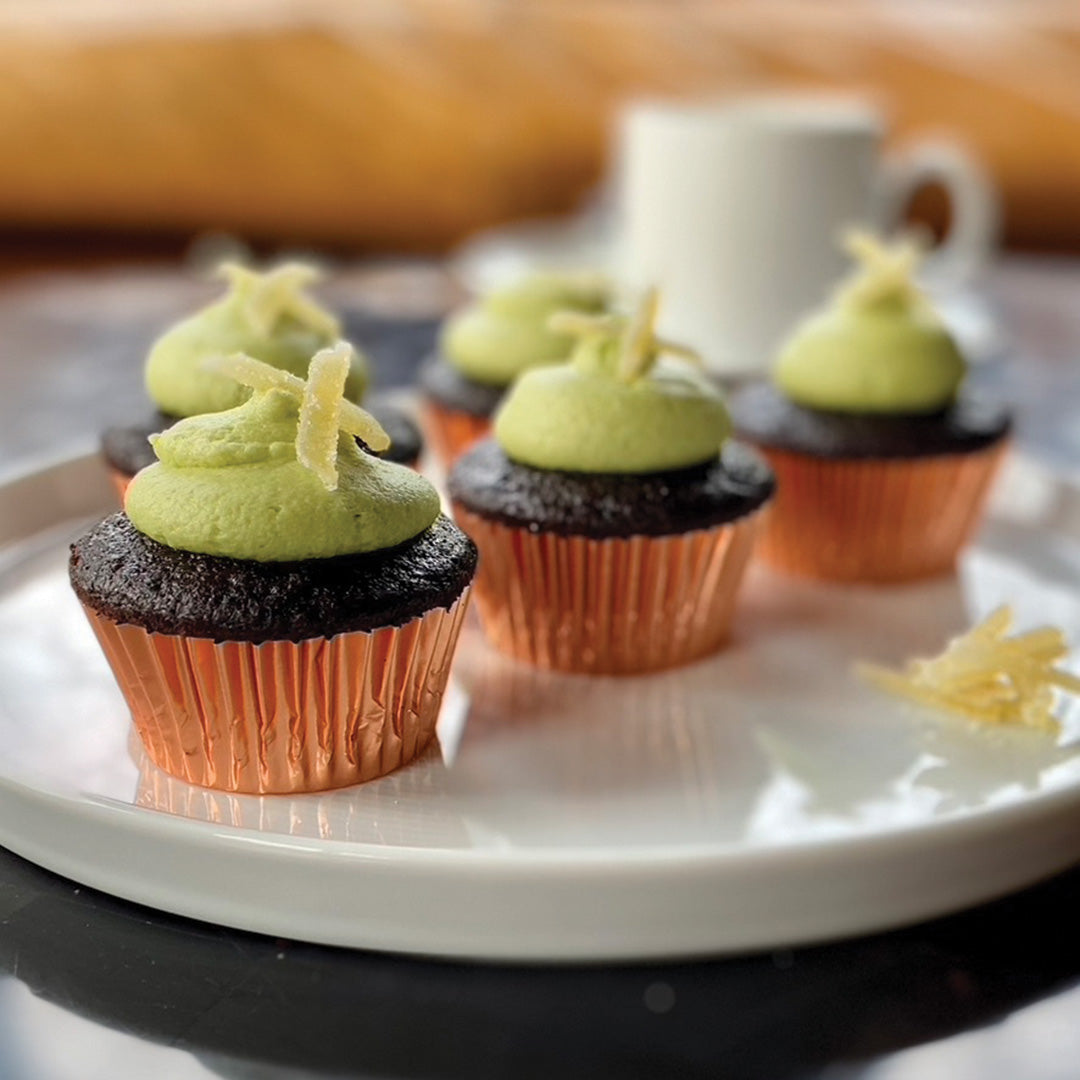Candied Ginger - sliced on chocolate matcha frosted cupcakes