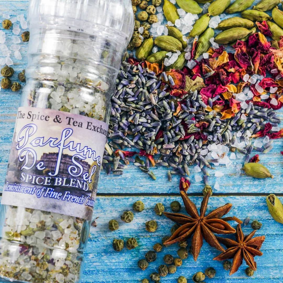 Parfume de Sel Spice Blend on background with cardamom seeds, lavender, rose, star anise