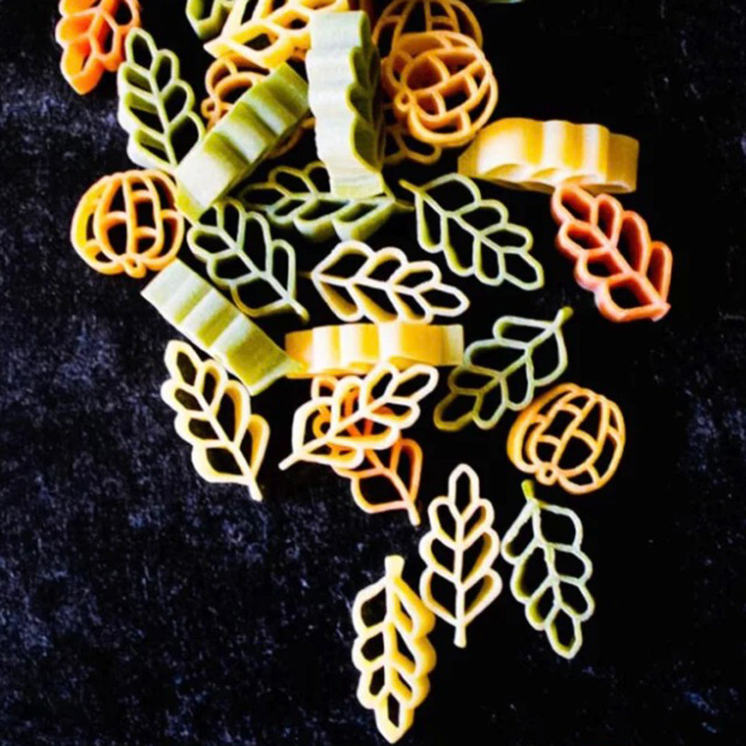 Colorful leaf-shaped pasta on a black background