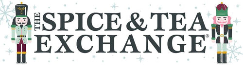 Logo of The Spice & Tea Exchange with decorative nutcrackers on a white background.