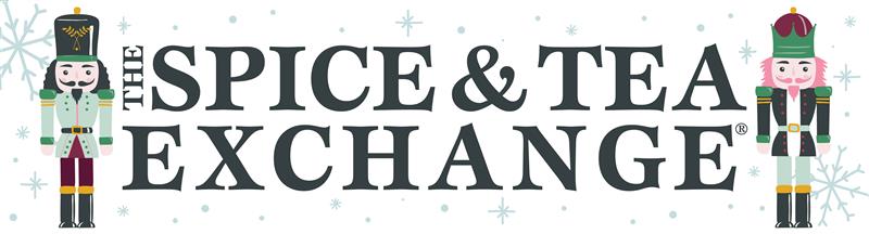 Logo of The Spice & Tea Exchange with decorative nutcrackers on a white background.